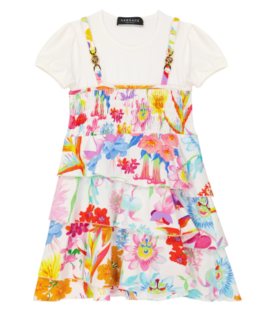 Versace Kids' Jardin Cotton-blend Dress In Bianco+multicolor