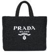 Prada Logo Embroidered Raffia Tote Bag In Black