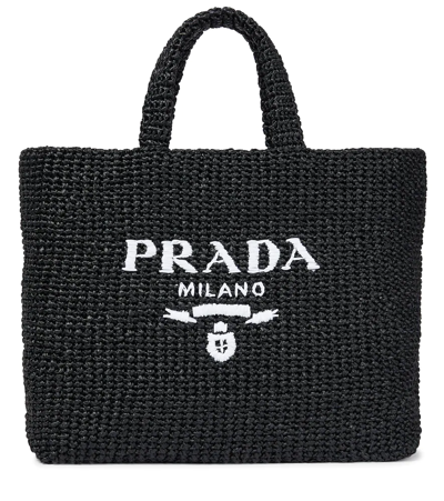 Prada Logo Raffia-effect Shopper In Nero