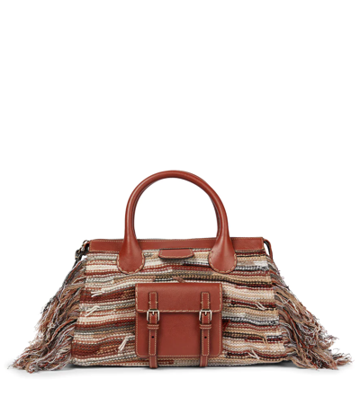 Chloé Edith Medium Striped Recycled Cashmere And Wool-blend And Leather Tote In Brown
