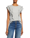 Veronica Beard Jeans Bea Short-sleeve Crewneck Ruffle Tee In Light Gray