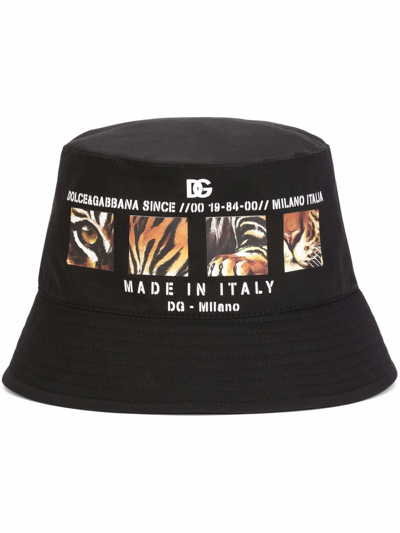 Dolce & Gabbana Cotton Bucket Hat With Tiger-print Details In Multicolor