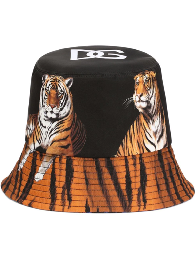 Dolce & Gabbana Reversible Bucket Hat In Tiger-print Nylon In Multicolor