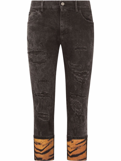 Dolce & Gabbana Tiger-print Cuff Jeans In Schwarz