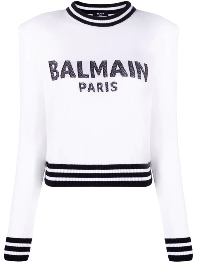 Balmain Logo-intarsia Cropped Jumper In Weiss