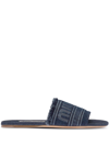 Miu Miu Frayed Denim Logo Flat Sandals In Blue