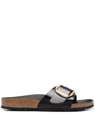 Birkenstock Madrid Slide In Lacquered Leather With Large Buckle In Black
