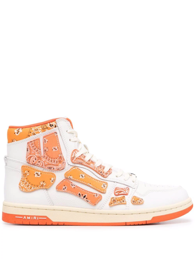 Amiri Skel-top Bandana-print Canvas And Leather High-top Trainers In Yellow & Orange