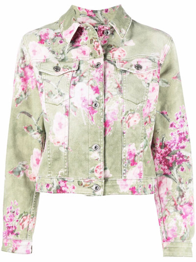 Blumarine Stretch Cotton Jacket With Floral Print - Atterley In Green