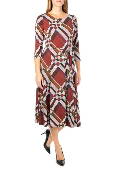 Nina Leonard Floral Scoop Neck Midi Dress In Black Rust Combo