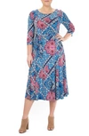 Nina Leonard Floral Scoop Neck Midi Dress In Blue Red Muti