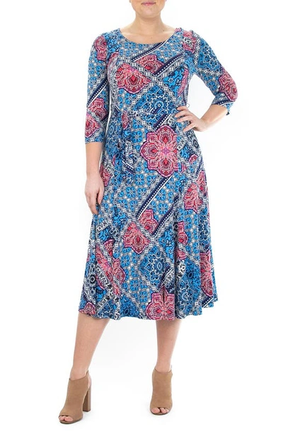 Nina Leonard Floral Scoop Neck Midi Dress In Blue Red Muti