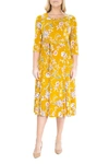 Nina Leonard Floral Scoop Neck Midi Dress In Navy/mustard Mutli