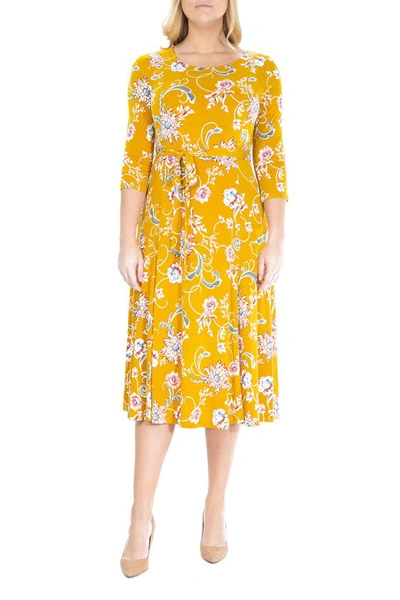 Nina Leonard Floral Scoop Neck Midi Dress In Navy/mustard Mutli