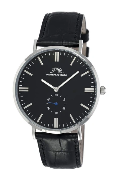 Porsamo Bleu Henry Leather Strap Dress Watch, 40.8mm In Black