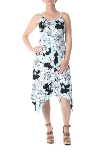 Nina Leonard V-neck Sleeveless Handkerchief Hem Dress In Sky Multi Graphic Flower