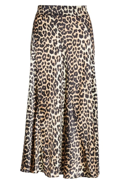 Ganni Leopard Print Stretch Silk Satin Midi Skirt