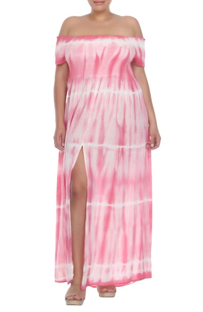 Boho Me Off-the-shoulder Tie Dye Print Maxi Dress In Pink