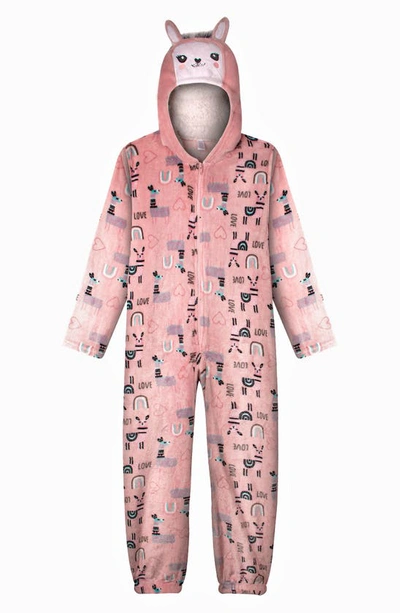 Modern Kids' Llama Faux Fur Trim Hooded Pajama Jumpsuit In Pink