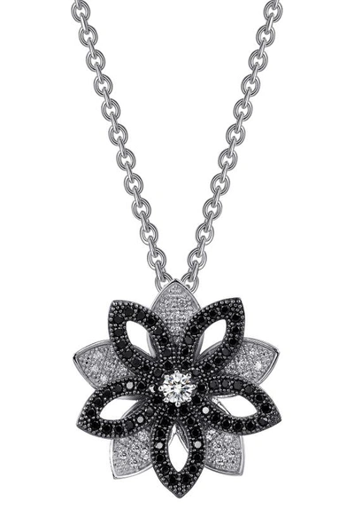 Lafonn Two-tone Platinum Plated Sterling Silver Pave Simulated Diamond Water Lily Pendant Necklace In White-black