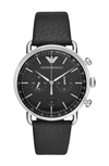Emporio Armani Chronograph Black Leather Watch, 43mm In Silver
