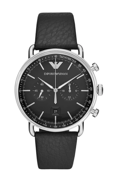 Emporio Armani Chronograph Black Leather Watch, 43mm In Silver