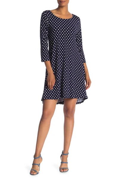 Nina Leonard 3/4 Sleeve Stretch Knit Swing Dress In Navy/ivory Timeless Dot