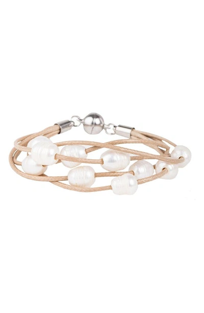 Saachi Pearl & Leather Strand Bracelet In Taupe