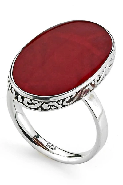 Samuel B. Sterling Silver Balinese Bezel Set Oval Coral Ring In Red