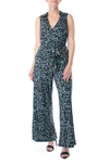 Nina Leonard Sleeveless Faux Wrap Jumpsuit In Black/rift Multi