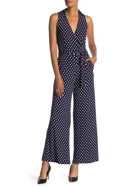 Nina Leonard Sleeveless Faux Wrap Jumpsuit In Navy/ivory