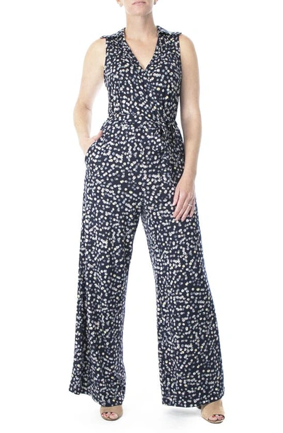 Nina Leonard Sleeveless Faux Wrap Jumpsuit In Navy/almond Multi