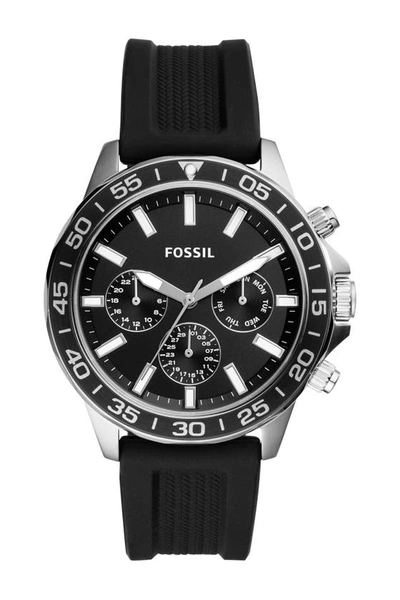 Fossil Bannon Multifunction Black Silicone Watch, 45mm In Silver