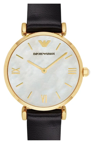 Emporio Armani Leather Strap Watch, 32mm In Black/ Gold