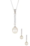 Splendid Pearls Dangling Cz & 8-9mm Pearl Necklace & Earrings Set In Natural White