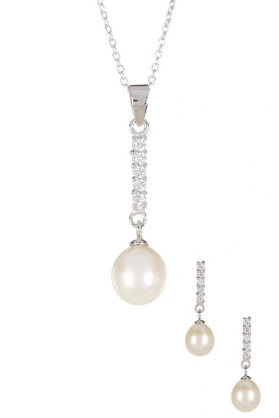 Splendid Pearls Dangling Cz & 8-9mm Pearl Necklace & Earrings Set In Natural White