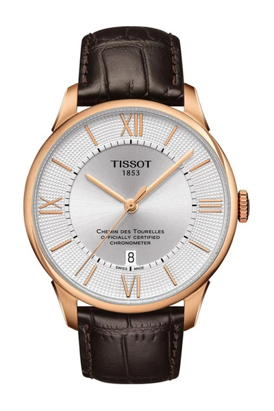 Tissot Chemin Des Tourelles Powermatic 80 Croc Embossed Leather Strap Watch, 42mm In Silver