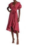 Max Studio Ruffle Crepe High/low Wrap Midi Dress In Red/blush Ditsy Wall