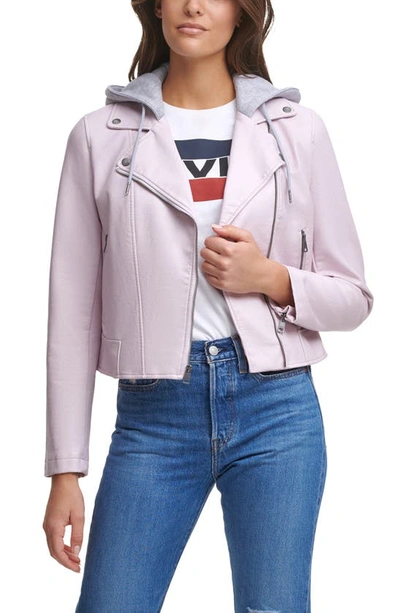 Levi's ® Fleece Hood Faux Leather Moto Jacket In Peach Blossom