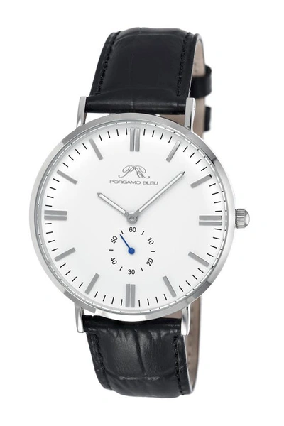 Porsamo Bleu Henry Leather Strap Dress Watch, 40.8mm In Silver-black