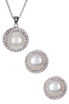 Splendid Pearls 8.5-9mm Cultured Freshwater Pearl Double Halo Pendant Necklace & Earrings Set In White