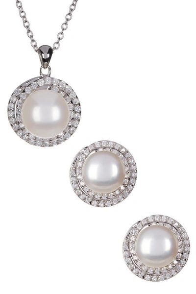 Splendid Pearls 8.5-9mm Cultured Freshwater Pearl Double Halo Pendant Necklace & Earrings Set In White