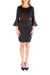 Nina Leonard Scalloped Jewel Neck Bell Sleeve Sweater Dress In Black/deepwine