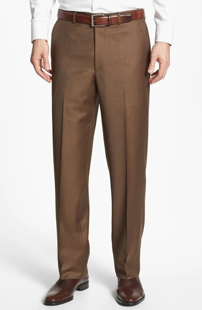 Santorelli Luxury Flat Front Wool Dress Pants In Tobac