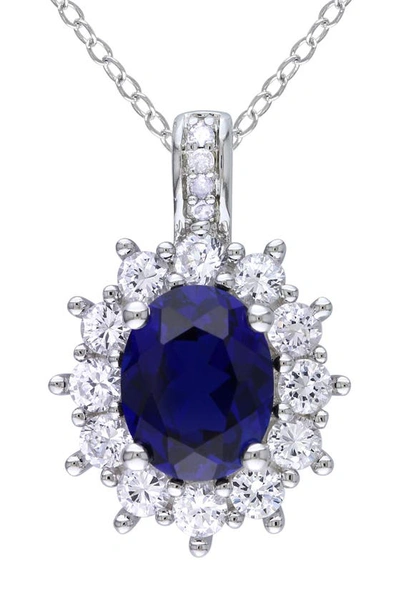 Delmar Sterling Silver Oval Lab Created Blue & White Sapphire Diamond Pendant Necklace