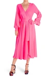 Meghan La Lilypad Surplice Long Sleeve Wrap Midi Dress In Neon Pink