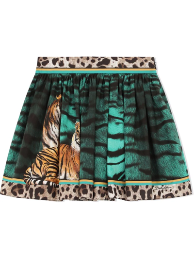 Dolce & Gabbana Kids' Tiger-print Pleated Skirt In Green