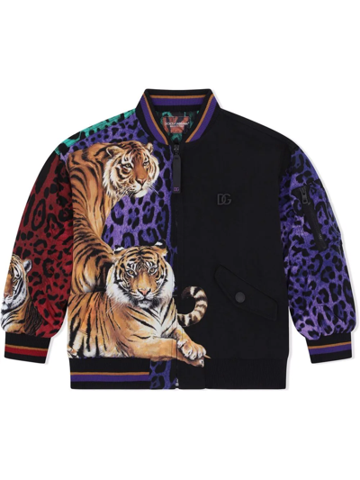 Dolce & Gabbana Kids' Tiger-print Bomber Jacket In Black