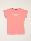 Balmain Kids' Cotton T-shirt With Logo In Coral