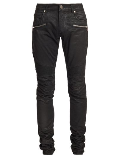 Balmain Men's Ribbed Slim-fit Moto Jeans In Black